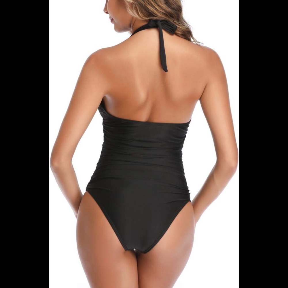 NWT Swismivo Black One Piece Halter Tummy Control Bathing Suit Size Medium - Picture 2 of 10